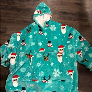 Festive Teal Hooded Blanket with Santa and Reindeer